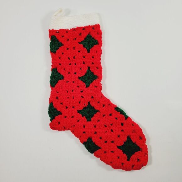 Vintage Crochet Knitted Christmas Stocking Red Green Handmade - Picture 1 of 7